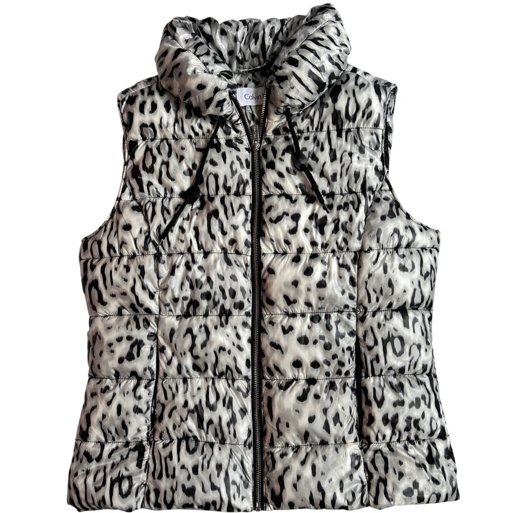 Calvin Klein Leopard Print Puffer Vest Sleeveless Zip Front Womens Large
